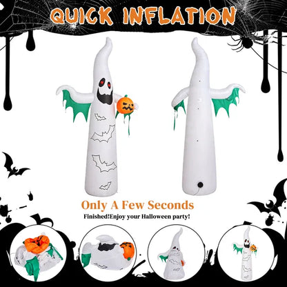 12ft Inflatable Halloween Decor With Flashing Bats & White Ghosts, 4 LED Lights + 82 String Lights, White & Green - view 3
