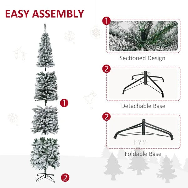 9ft Flocked Christmas Tree, Pencil Christmas Tree With Realistic Branch Tips, Folding Metal Stand, Green - view 3