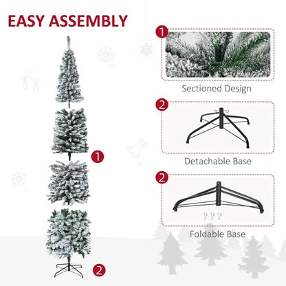 9ft Flocked Christmas Tree, Pencil Christmas Tree With Realistic Branch Tips, Folding Metal Stand, Green - view 3