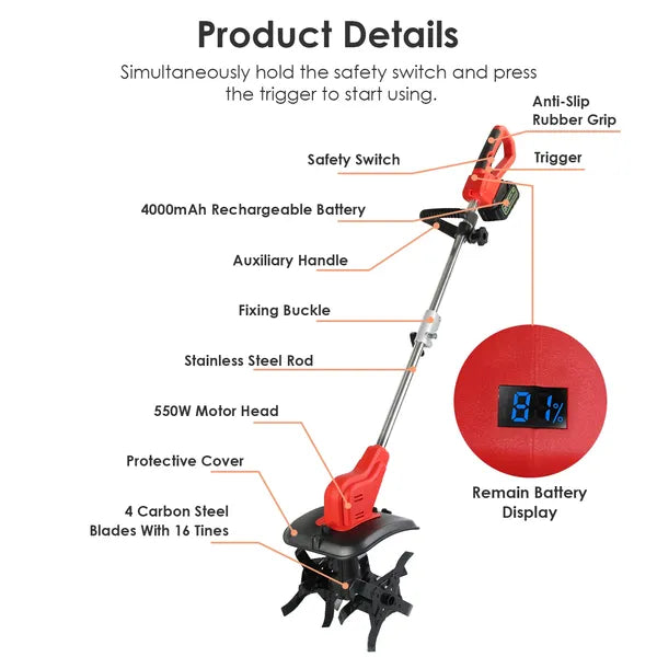 21V Electric Cordless Tiller Cultivator Powered Garden Tiller With 4 Blades 16 Steel Tines 550W 300RPM 4000mAh Battery - view 2