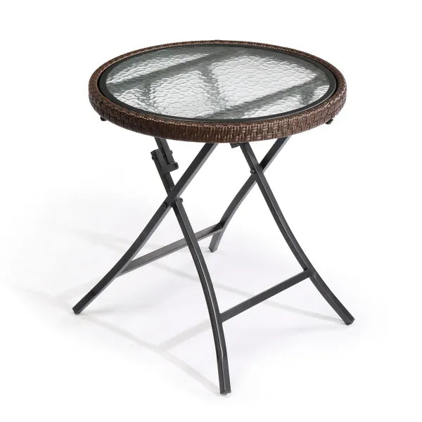 Outdoor Side Table, Round Rattan Patio Side Table, Small Foldable Wicker Table With Tempered Glass Table Top For Lawn - view 6