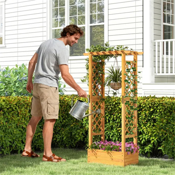 60" Tall Elevated Wooden Garden Bed, 44 LBS Roof Capacity Planter Box With 2 Side Trellises For Patio Backyard - view 2