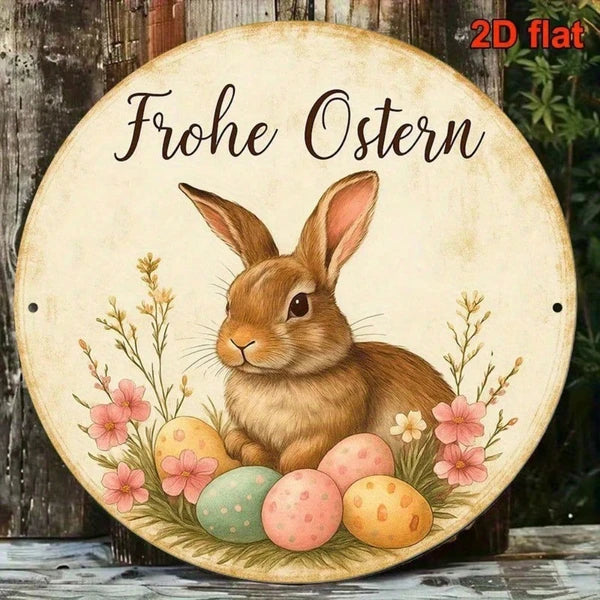 Vintage German Easter Bunny Metal Sign 8 Inch Round Aluminum Plaque