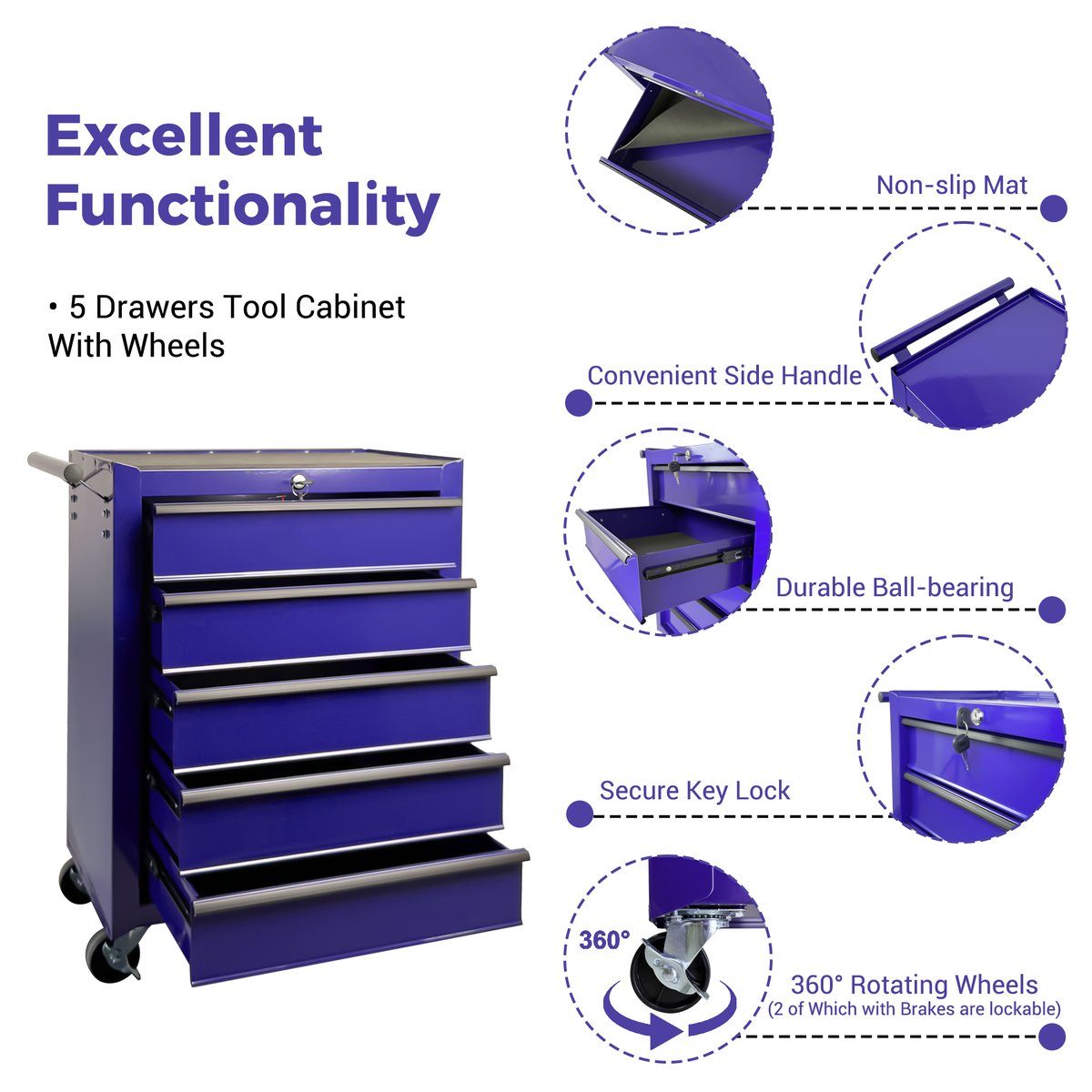 Rolling Metal Tool Chest With 5 Drawers, 20inch 5-Drawer Tool Chest Cabinet With Ball Bearing Drawer Slides - view 5