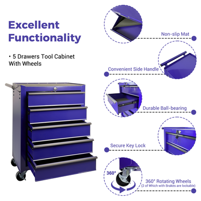 Rolling Metal Tool Chest With 5 Drawers, 20inch 5-Drawer Tool Chest Cabinet With Ball Bearing Drawer Slides - view 5