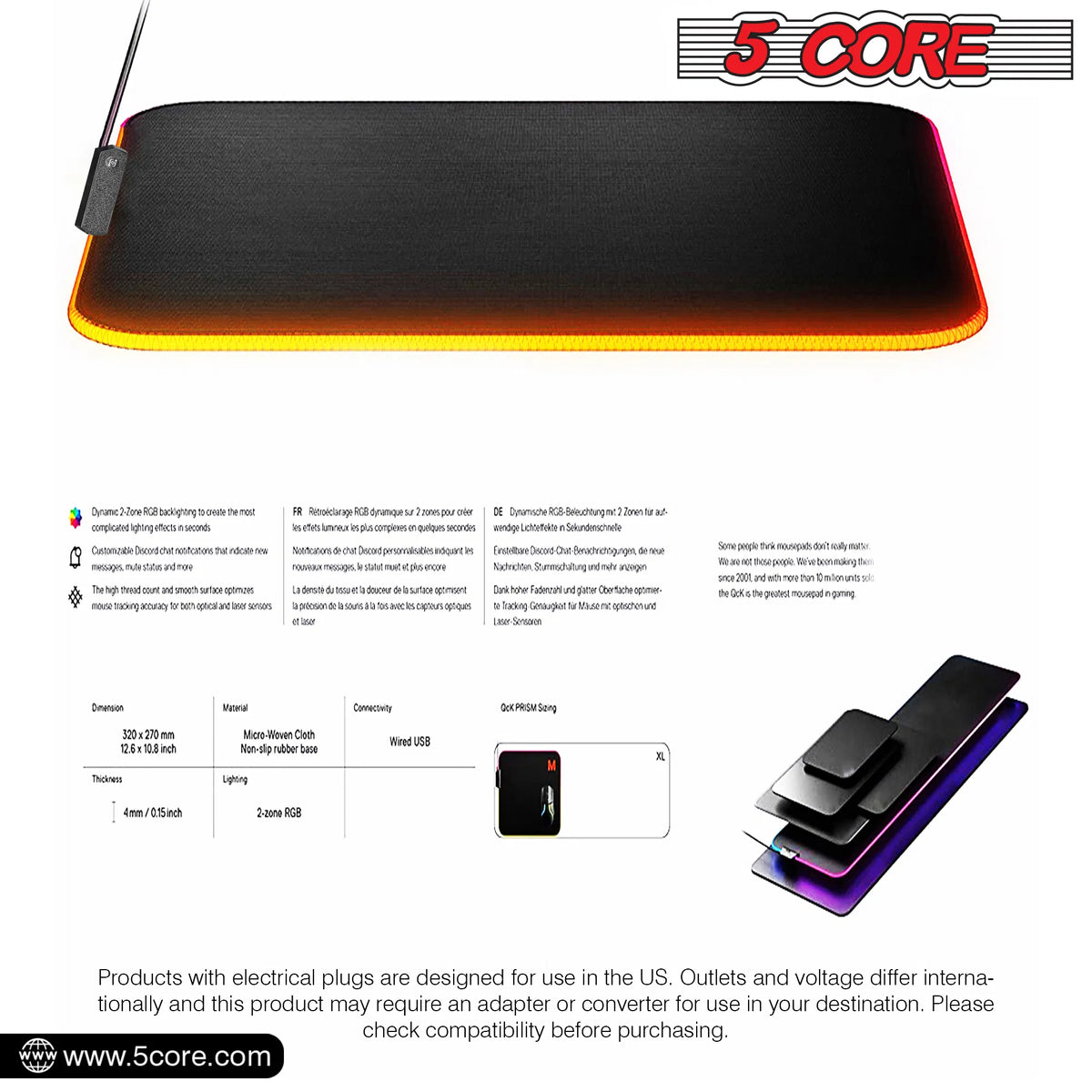5Core Gaming Mouse Pad RGB 12 Light Modes 2 Zone Desk Mouse Mat w Rubber Base - view 5