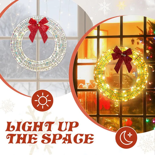 24in Pre-lit Iridescent Outdoor Christmas Wreath Decoration, Lighted Metal Wreath With Red Bow, Warm White LED Lights - view 2