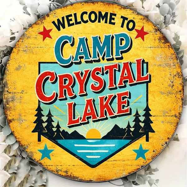 1pc Vintage Camp Crystal Lake Sign 8x8in Round Metal Plaque, "Round Metal" Plaque