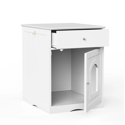 Wooden Pet House Cat Litter Box Enclosure with Drawer, Side Table, Indoor Pet Crate, Cat Home Nightstand (White) - view 7