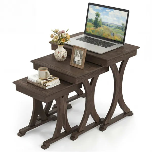 3-Piece Nesting Coffee Table Set, Space-Saving Design With Vintage Wood-Like Finish For Living Room - view 3