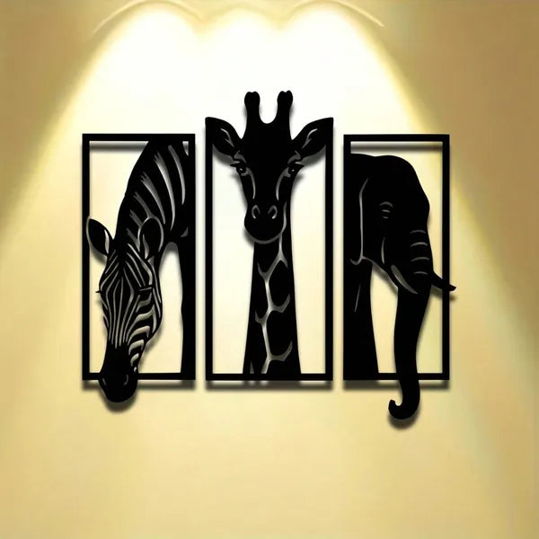 Metal Baked Paint African Animal 3-Piece Wall Art Set Zebra Giraffe Elephant Home Decor - view 3