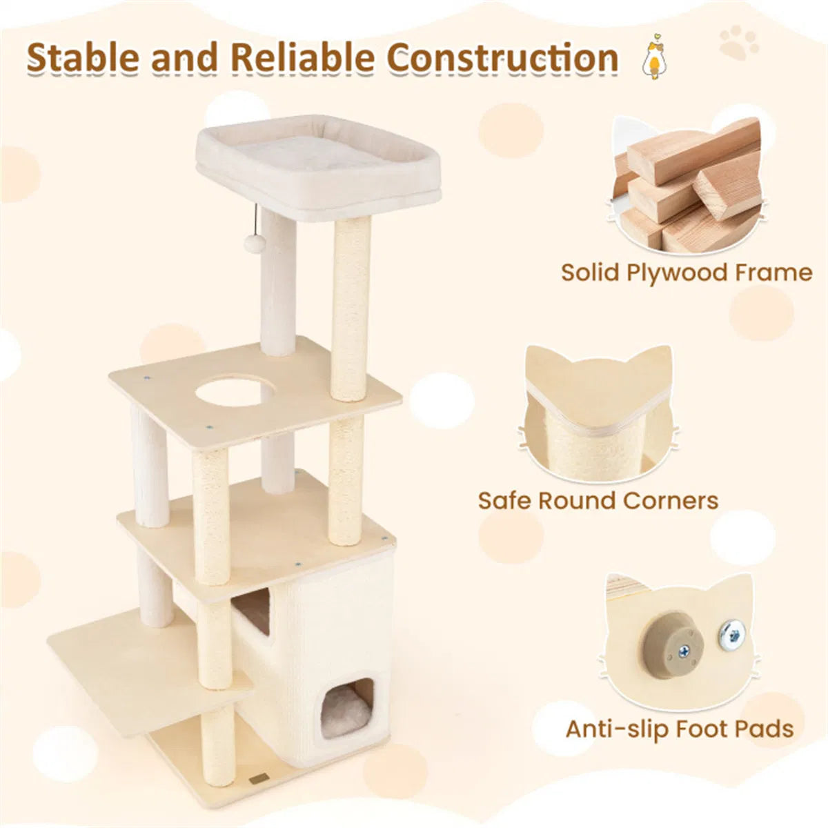 63" Wooden Cat Tree - 2-Story Condo with Bamboo Interior, 5 Sisal Scratching Posts, 44 lbs Per Layer Capacity - view 6