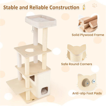 63" Wooden Cat Tree - 2-Story Condo with Bamboo Interior, 5 Sisal Scratching Posts, 44 lbs Per Layer Capacity - view 6