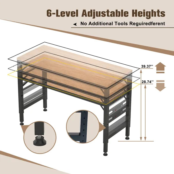 60" Adjustable Height Workbench, Rubber Wood Top Heavy duty Workstation with Power Outlets - view 10