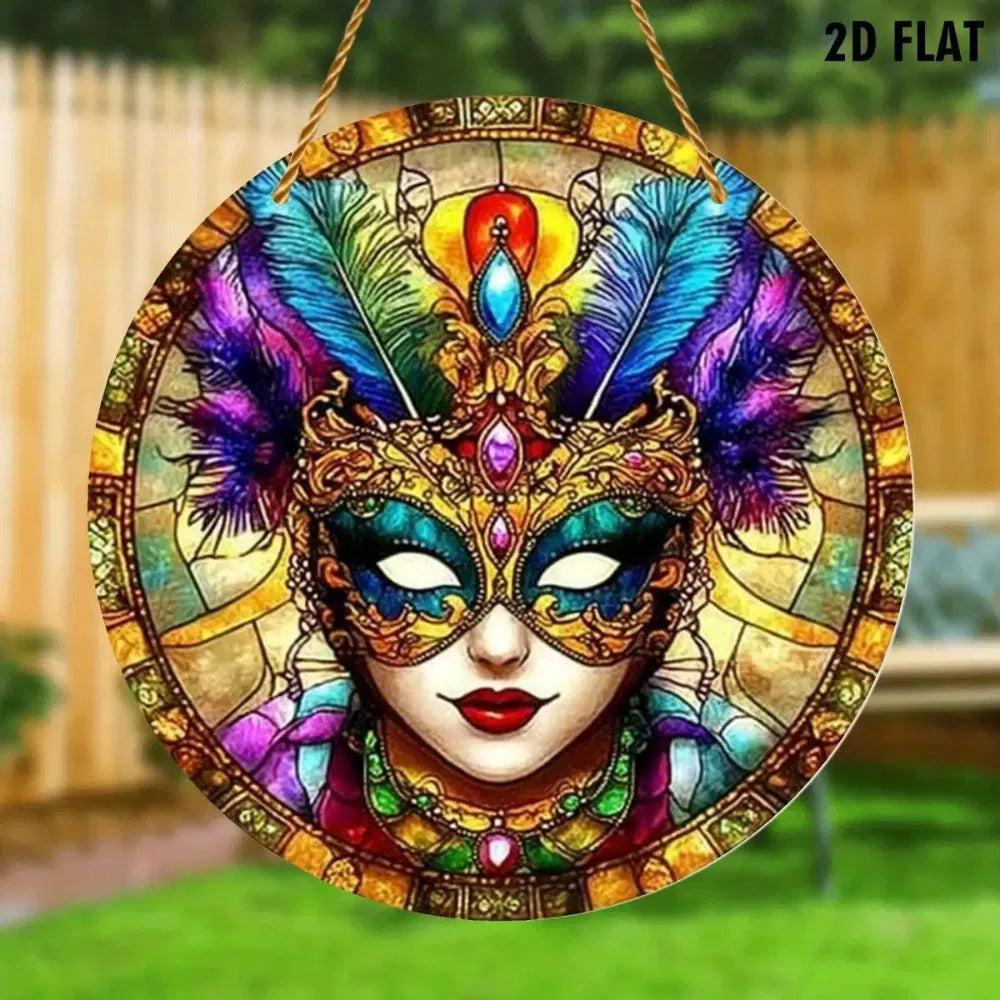 Carnival Mask Acrylic Pendant Colorful Feathers Gemstones Design for Indoor Outdoor Decor