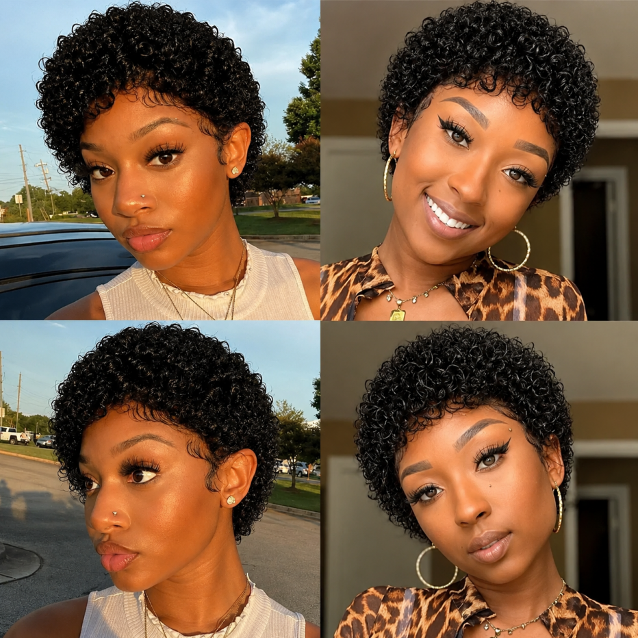 Pixie-style Human Hair Wig, Natural Color, Jerry Curly Texture, 4-inch Length. - view 3