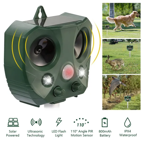 Ultrasonic Animal Repeller Solar Powered Repellent With Motion Sensor LED Flashing Lights