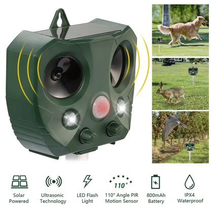 Ultrasonic Animal Repeller Solar Powered Repellent With Motion Sensor LED Flashing Lights