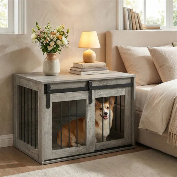 31.5" Dog Crate Furniture With Sliding Barn Door, Wooden Dog Kennel End Table For Indoor Use - Gray - view 2