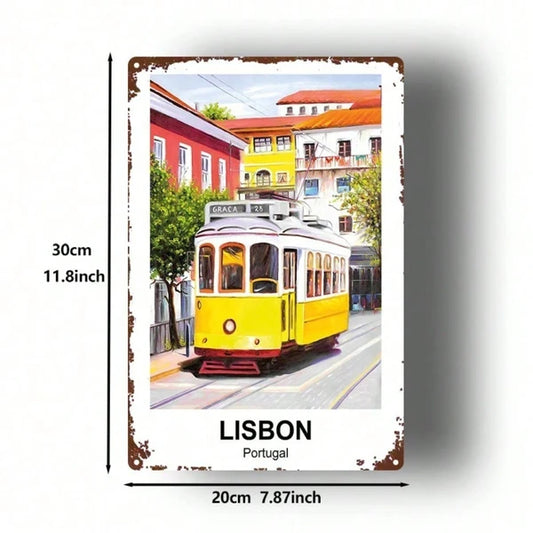 Vintage Lisbon Portugal Yellow Tram Metal Sign 8x12 Inch Retro Tinplate Wall Art - view 2