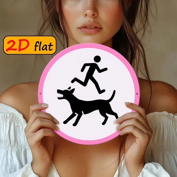 2D Flat Round Aluminum Sign, Round Aluminum Sign, Sign, Snarling Dog & Running Figure Outdoor Plaque - view 5
