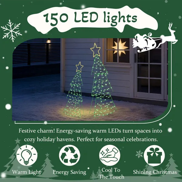 Set Of 2 Lighted Metal Christmas Tree Yard Decorations, Pre-lit Holiday Decor With 150 Green And Warm White LED Lights - view 10