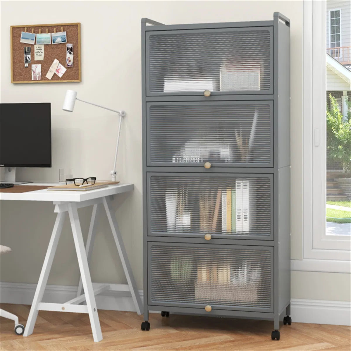 5-Tier Rolling Microwave Stand Flip Dust-Proof Doors 4 Casters with Brakes Kitchen Storage Rack Gray - view 9