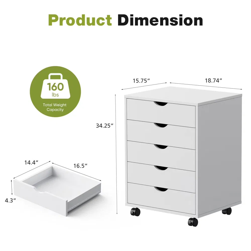 5 DrawerStorageCabinet with Wheels for Bedroom,Home, Office Organization, White - view 6