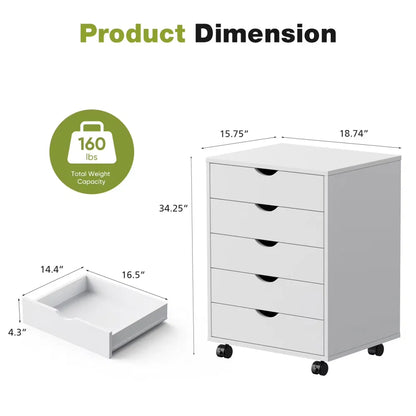 5 DrawerStorageCabinet with Wheels for Bedroom,Home, Office Organization, White - view 6