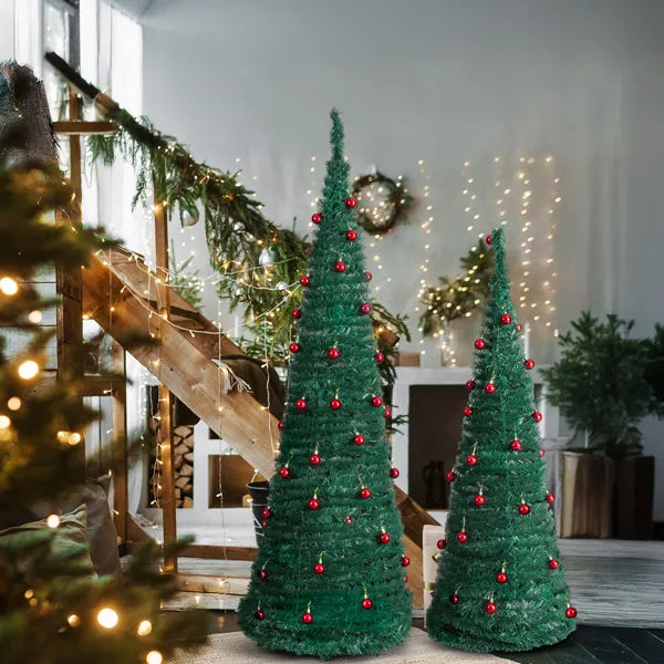 2 Pack, 6FT 5FT Artificial Up Christmas Tree With Red Ball Ornaments For For Home Office Store Holiday Deco, Green - view 8