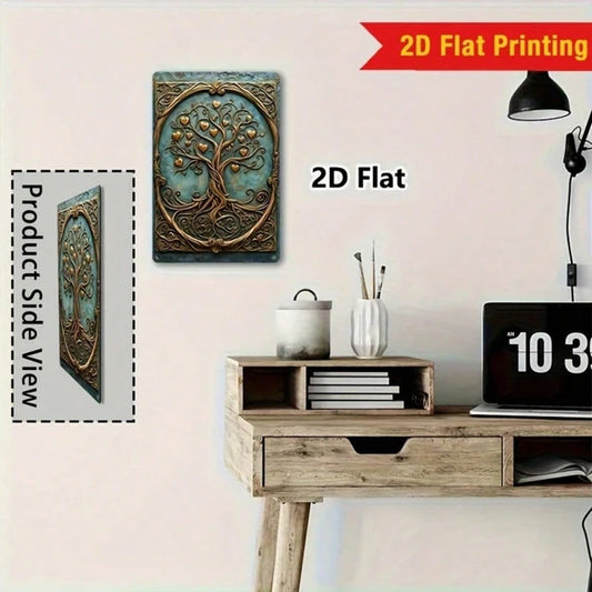 Vintage Tree Of Life Metal Wall Art, Turquoise Blue Golden Heart 2D Flat Metal Sign