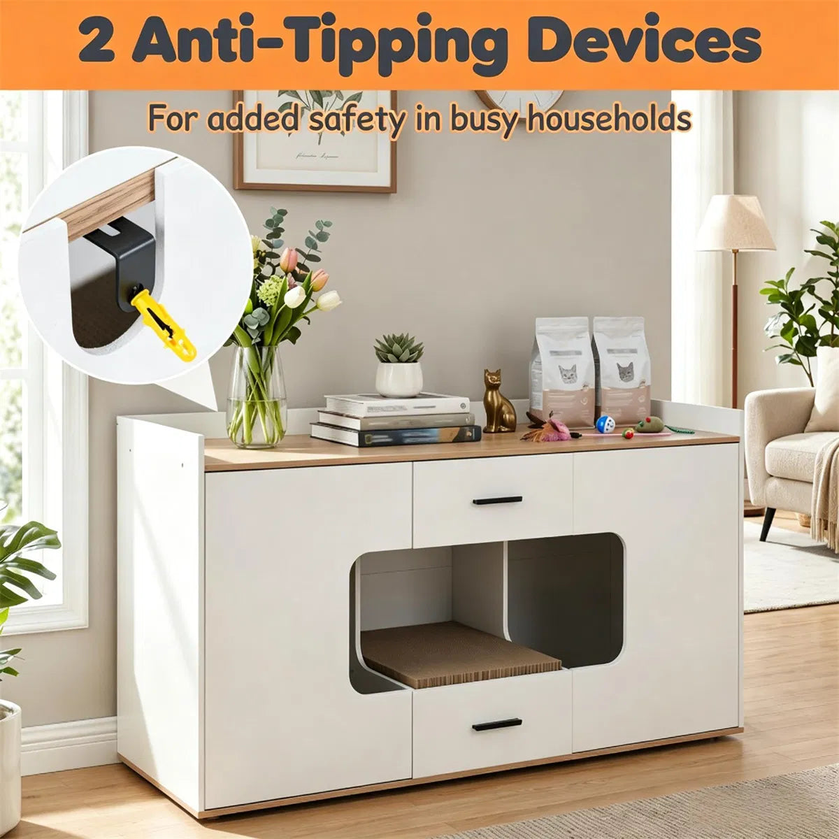 Large Cat Litter Box Enclosure Furniture with Storage Drawers & Built-In Scratching Board - view 3