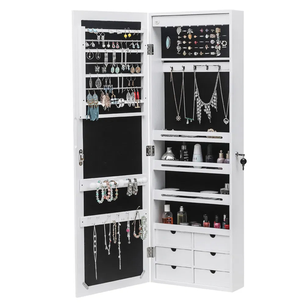 Non Full Mirror Wooden Wall Mounted 4-Layer Shelf 6 Drawers 8 Blue LED Light Jewelry Storage Mirror Cabinet - White - view 4