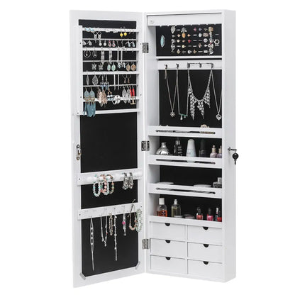 Non Full Mirror Wooden Wall Mounted 4-Layer Shelf 6 Drawers 8 Blue LED Light Jewelry Storage Mirror Cabinet - White - view 4