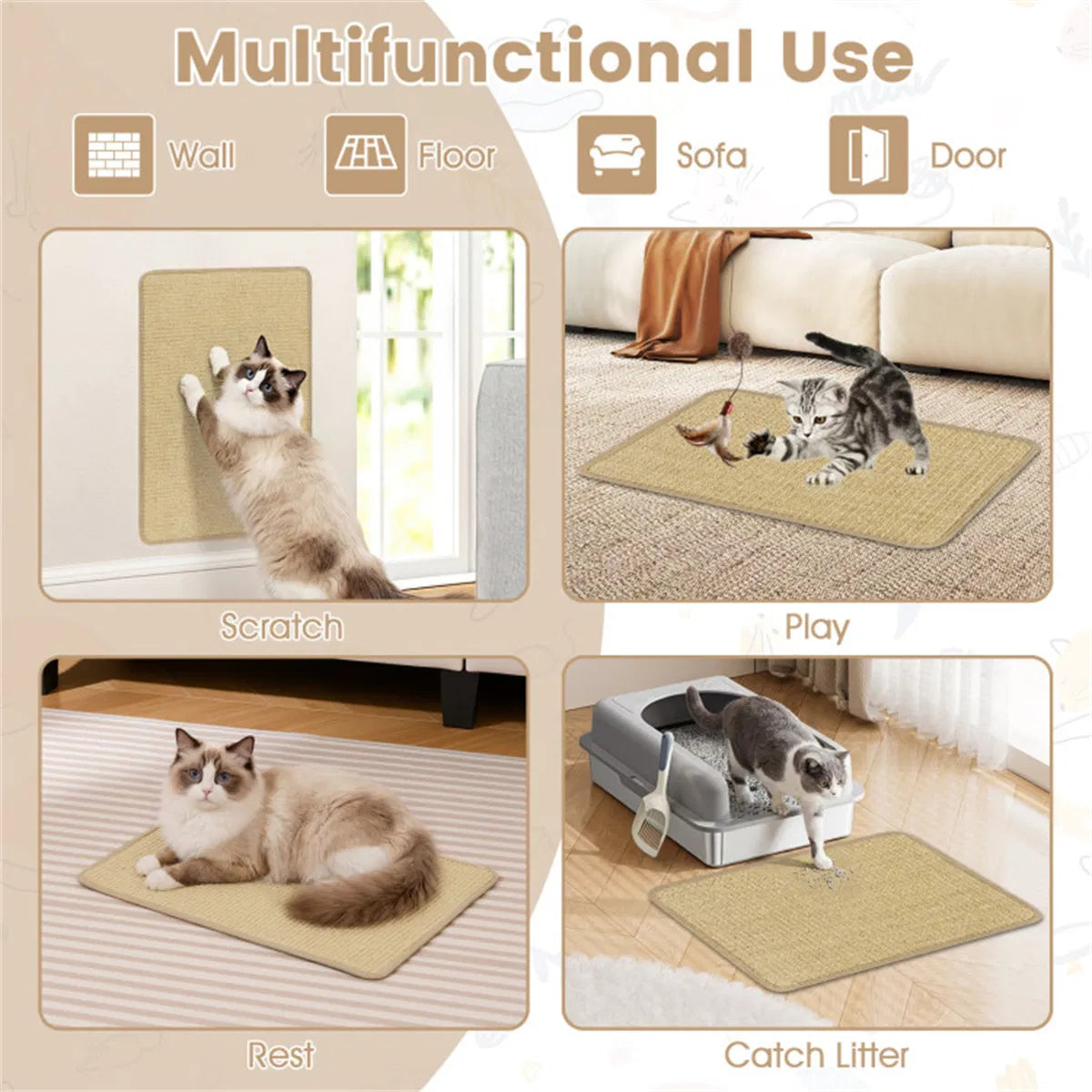 24 x 16 Inch Natural 6-Piece Cat Scratching Mats, Sisal Material Anti-Slip Latex Backing Furniture Protector - view 6