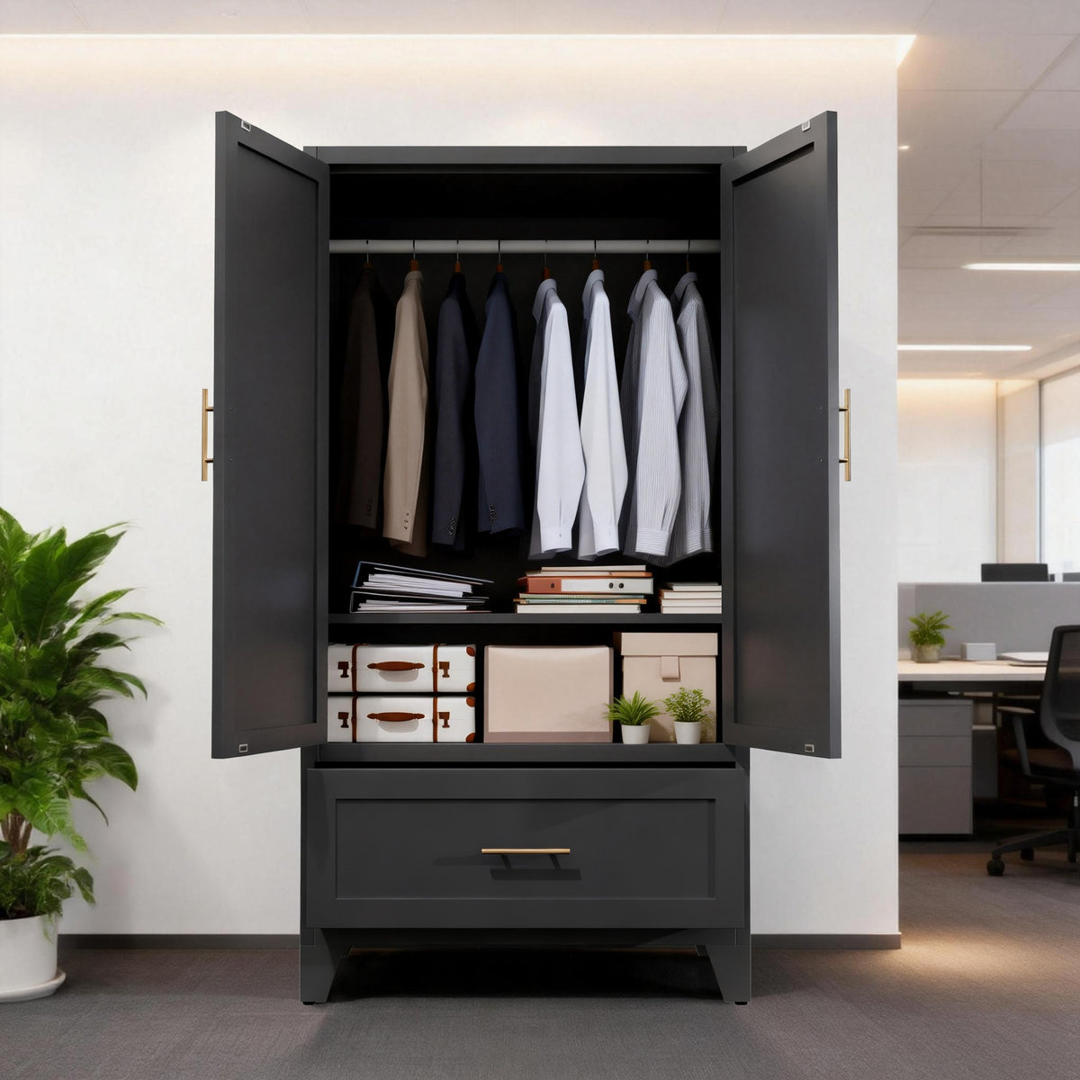 60inch Tall Metal Wardrobe Cabinet With 1 Drawer And Hanging Rod, 2 Doors Wardrobe Closet With Shelf For Bedroom