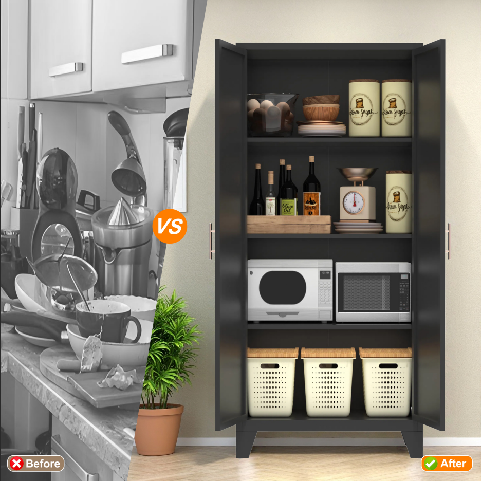 61'' 2 Shapely Doors Cabinet, Metal Storage Cabinet With Doors And Adjustable Shelves, For Bedroom, Living Room Black - view 9