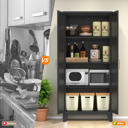 61'' 2 Shapely Doors Cabinet, Metal Storage Cabinet With Doors And Adjustable Shelves, For Bedroom, Living Room Black - view 9