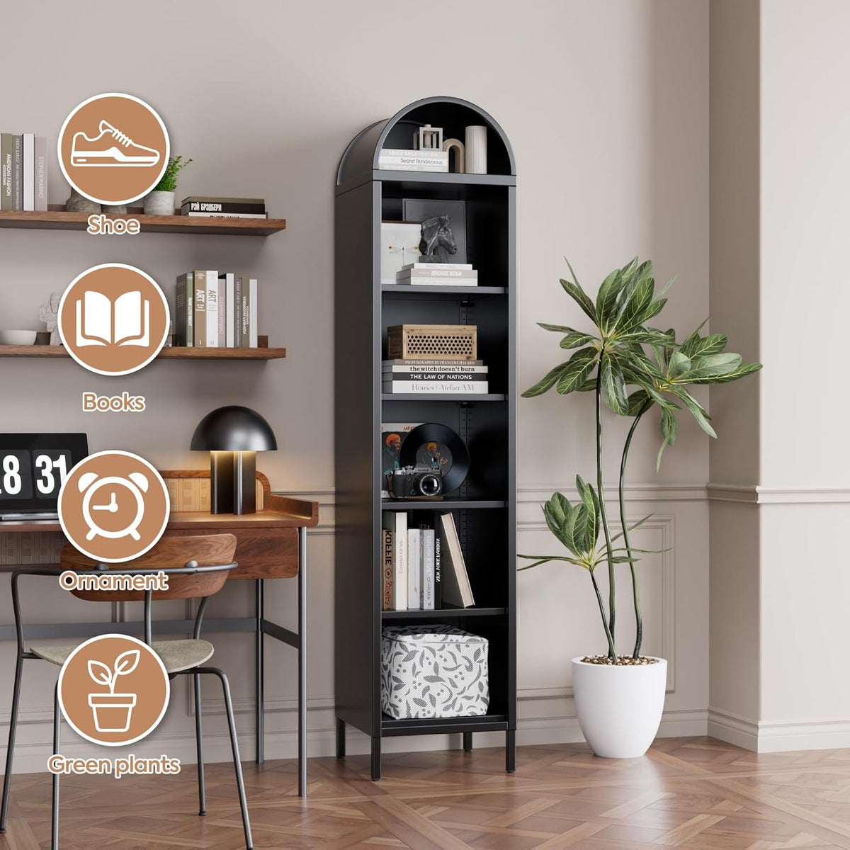 Narrow Arched Bookshelf,6-Tier Metal Arch Bookcase,Freestanding Storage Organizer With 4 Shelves - view 4