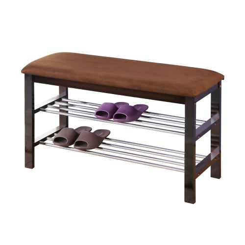 Wood Shoe Bench With Chocolate Microfiber Seat, Espresso - view 2
