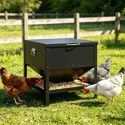 Heavy Duty Stainless Steel Chicken Feed Hopper with Lift Top Cover, Raised Legs Spill-Proof Poultry Feeding Box - view 10