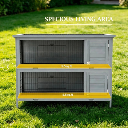 54" 2-Story Large Rabbit Hutch, Bunny Cage, Wooden Pet House, Small Animal Habitat, Gray with Lockable Doors, Tray, Roof - view 6
