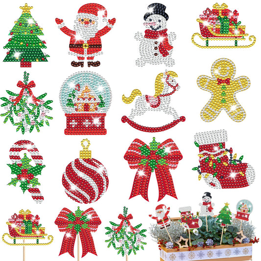 12Pcs Christmas Rhinestones Painting Kits Santa Claus Snowman Gingerbread Man Christmas Stockings Bows Design