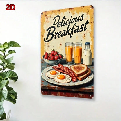 1PC 8x12 Inch Vintage Metal Sign, Fried Eggs Bacon Toast Breakfast Wall Art, Waterproof Rustproof Iron Plaque
