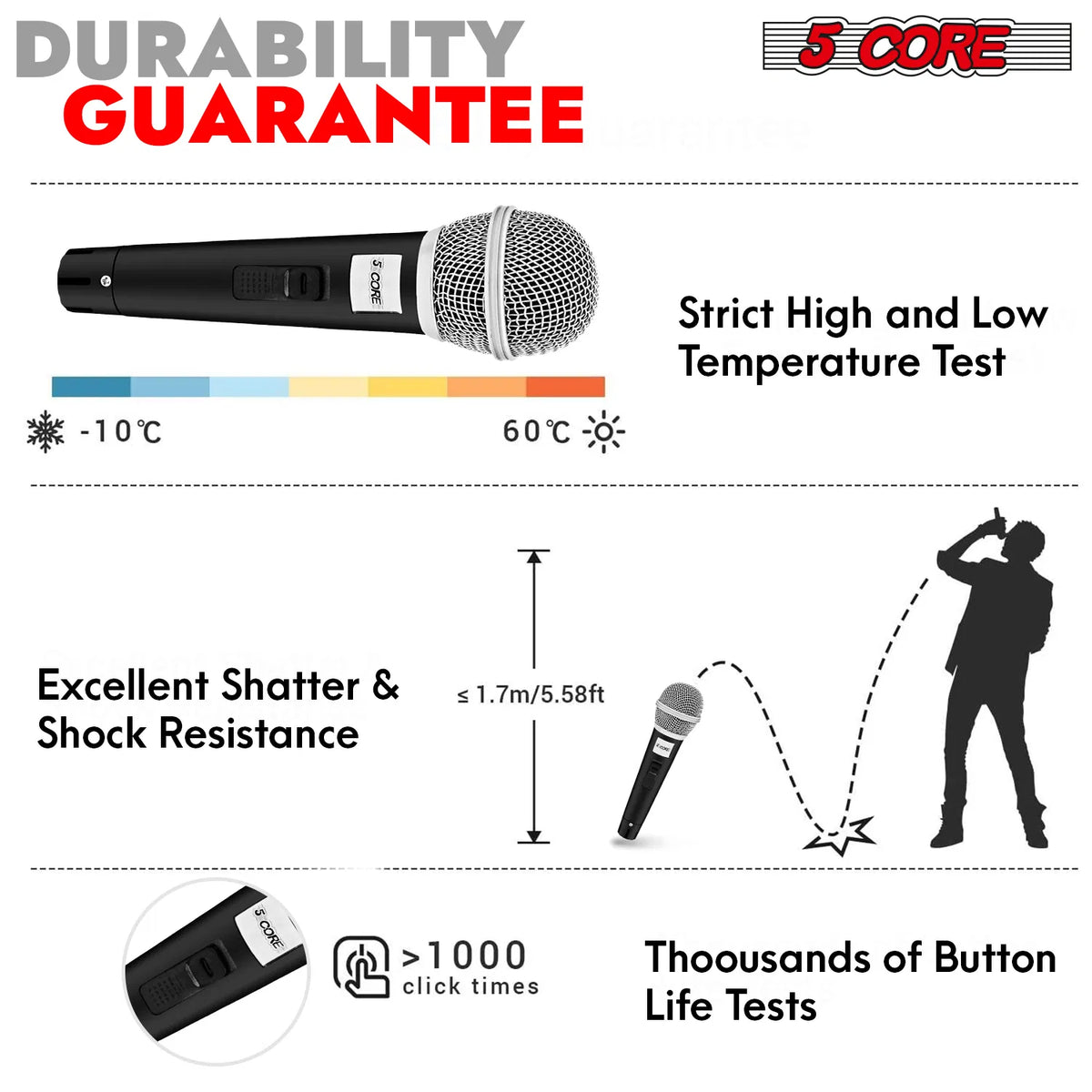 5 CORE Microphone Dynamic Vocal Handheld Mic Cardioid Unidirectional Microfono w On Off Switch + XLR Audio Cable - view 10
