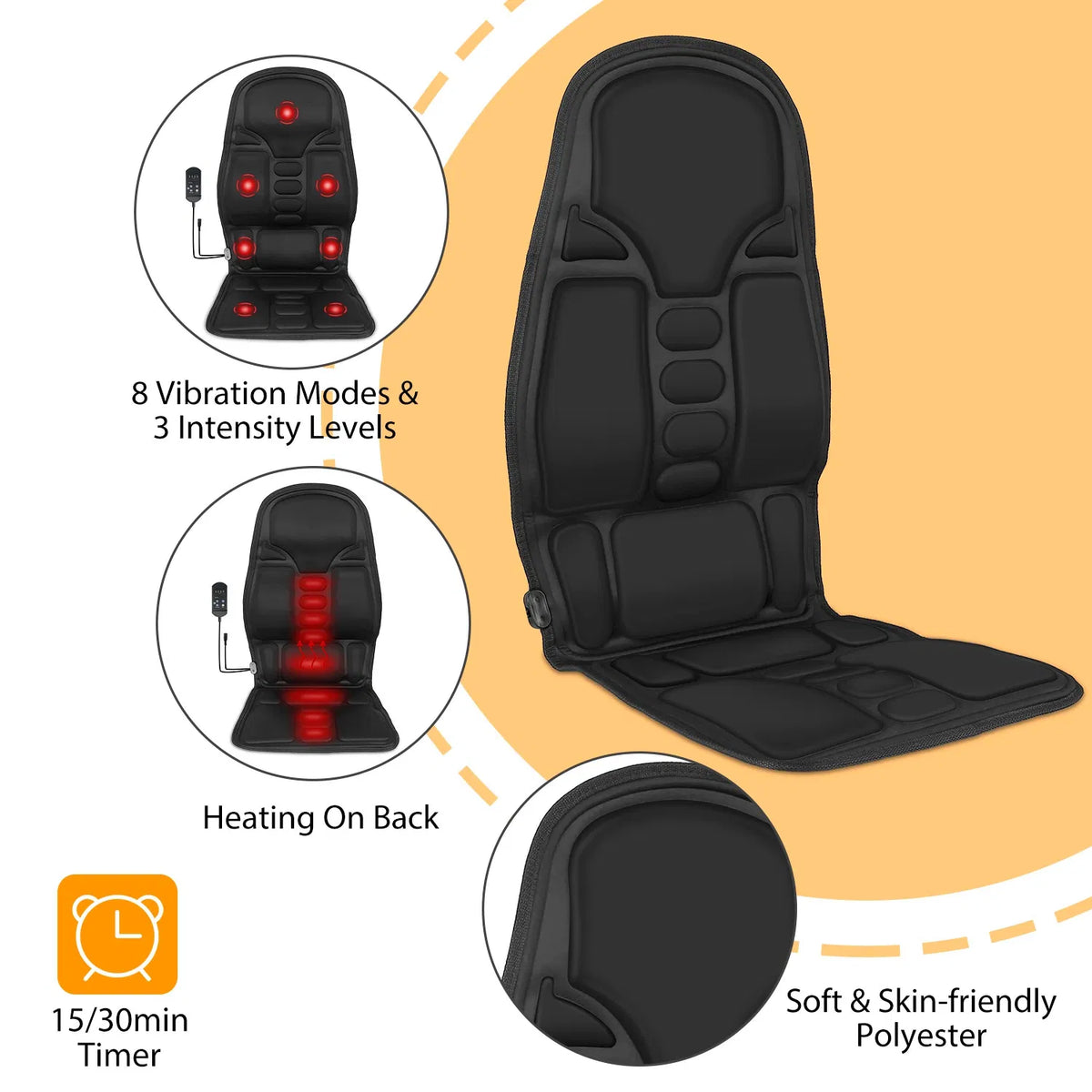 Back Massager Cushion Electric Massage Car Seat Cushion Chair Pad w / Heating Function 8 Vibration Modes 3 Intensity - view 2