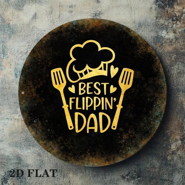 1pc 2D Flat Round Sign Best Flippin Dad Retro Plaque, "Retro Plaque, 8x8in Kitchen Barbecue Decor" Decor - view 3