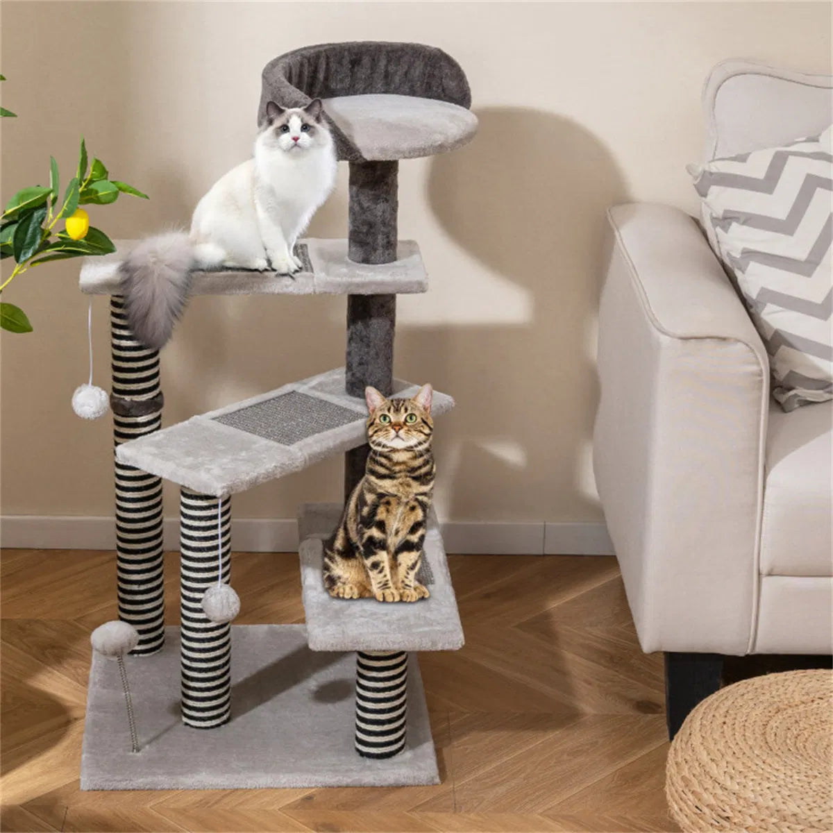 37" tall Cat Stairs with Scratching Mats - 3-Tier Perches, Spring Ball & Dangling Toys for Cats - view 10