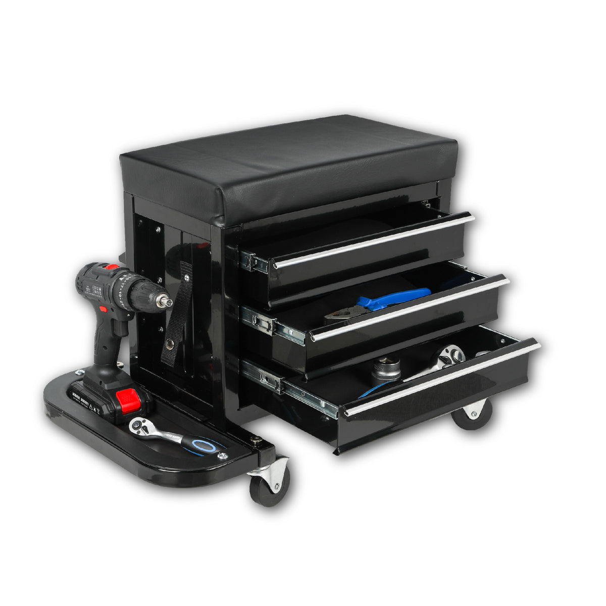3-Drawer Tool Chest Rolling Mechanic Seat With Tool Trays,350lbs Max Weight Capacity,Black - view 9