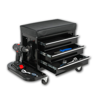 3-Drawer Tool Chest Rolling Mechanic Seat With Tool Trays,350lbs Max Weight Capacity,Black - view 9